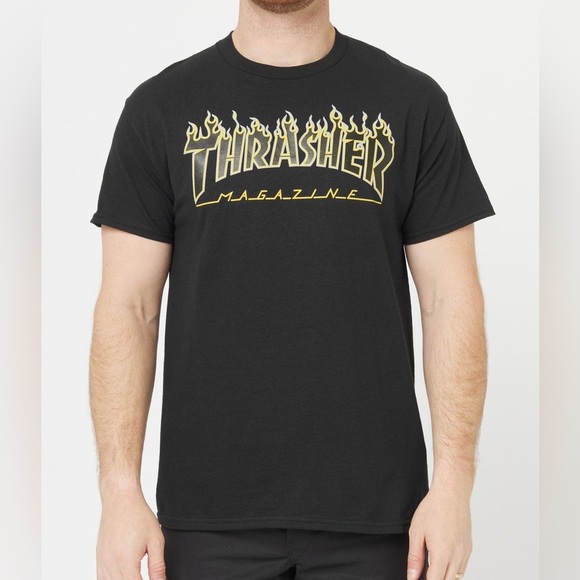 [S]Thrasher Navy T-Shirt with Yellow Logo - Picture 1 of 5